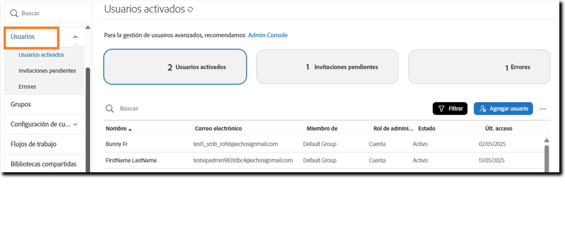 La página Usuarios que muestra la vista Usuarios activos