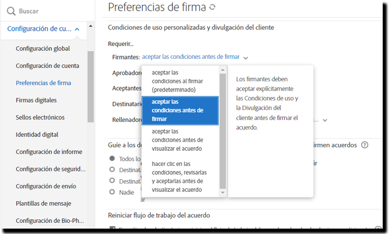 Configuración del consentimiento explícito al firmar