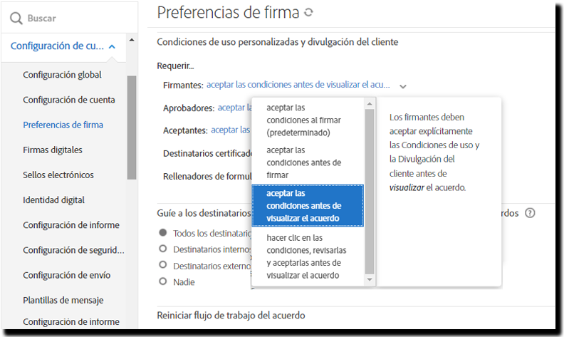 Consentimiento explícito antes de ver la configuración