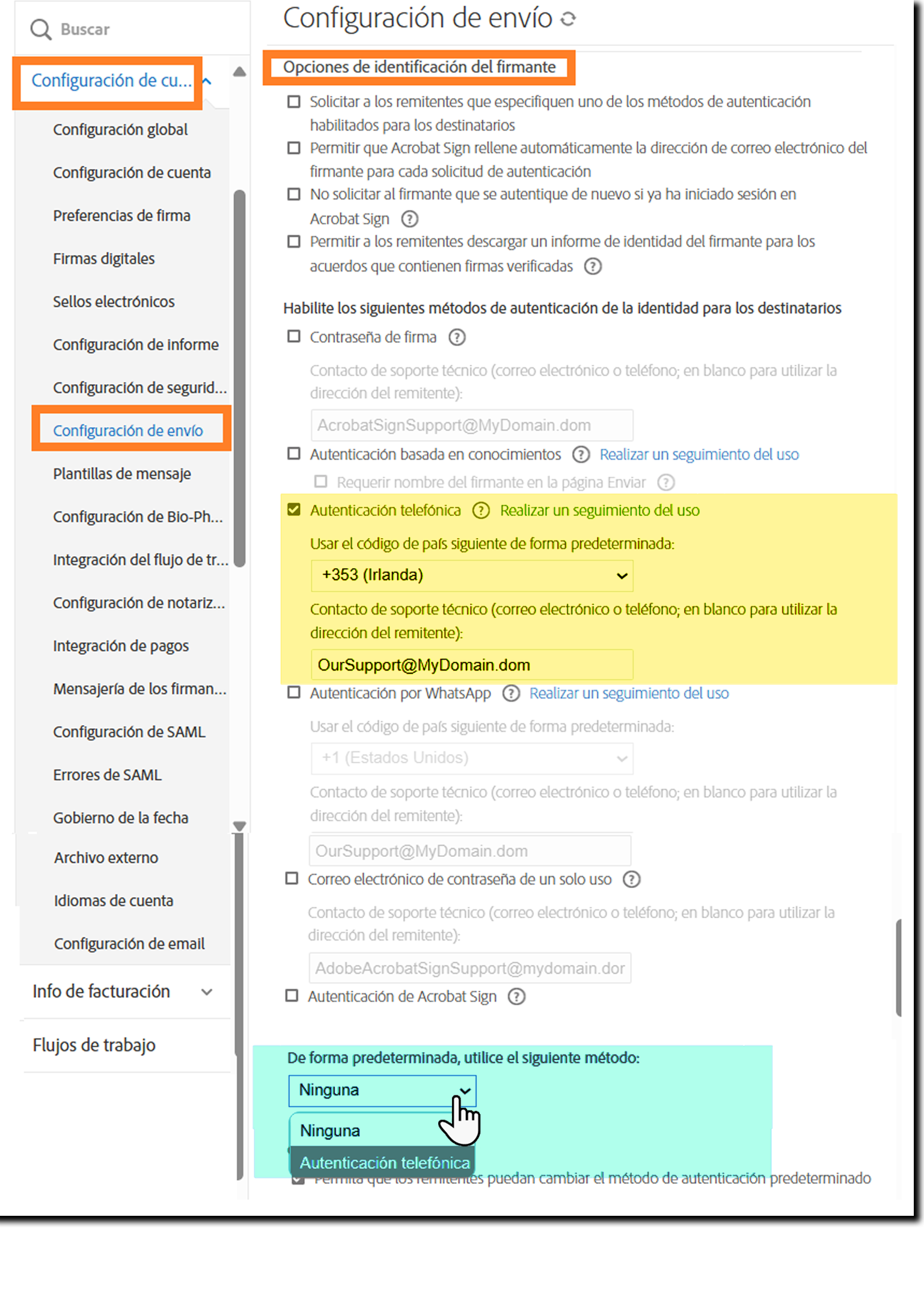 navigate_to_the_phoneauthenticationcontrols Página Configuración de envío con los controles de Autenticación telefónica resaltados.