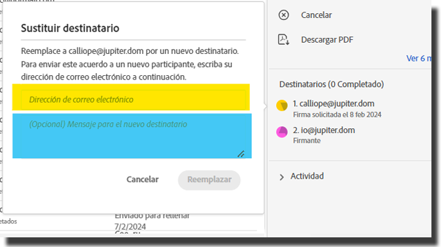 La interfaz Reemplazar destinatario en la página Administrar