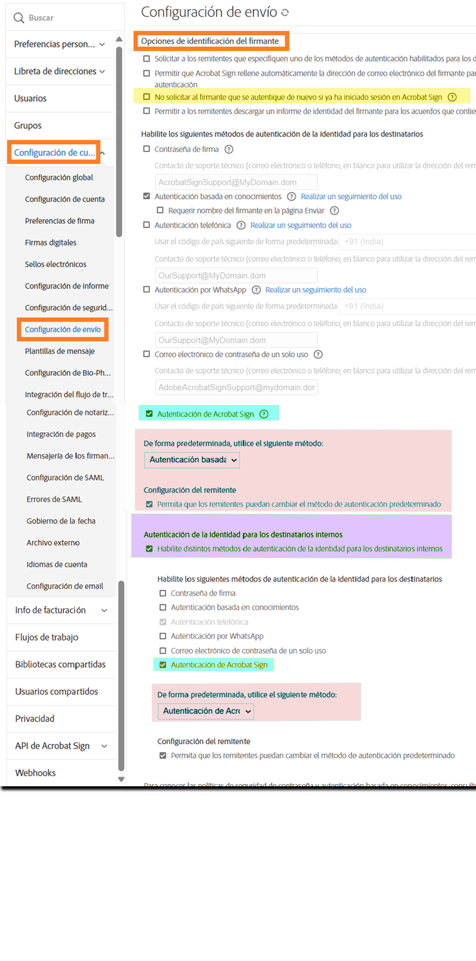 nav_to_authenticationmethods La sección Configuración de envío del menú de administración resalta los controles "Opciones de identificación del firmante".