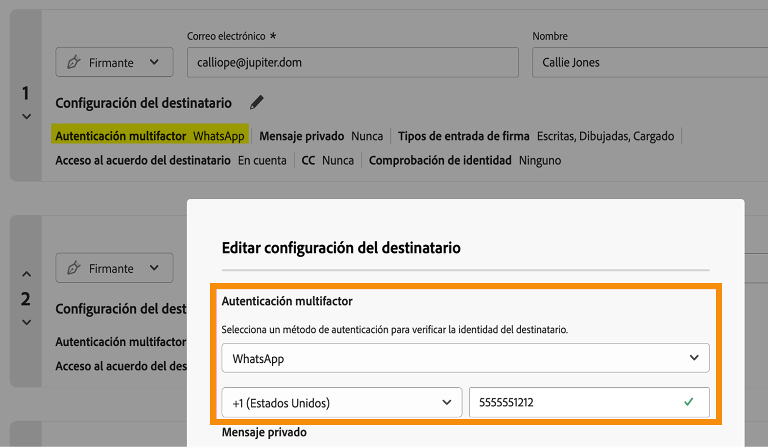 sender_phone_authenticationoptionforrecipient Sección Configuración del destinatario con el método de autenticación por WhatsApp y el número de teléfono resaltados