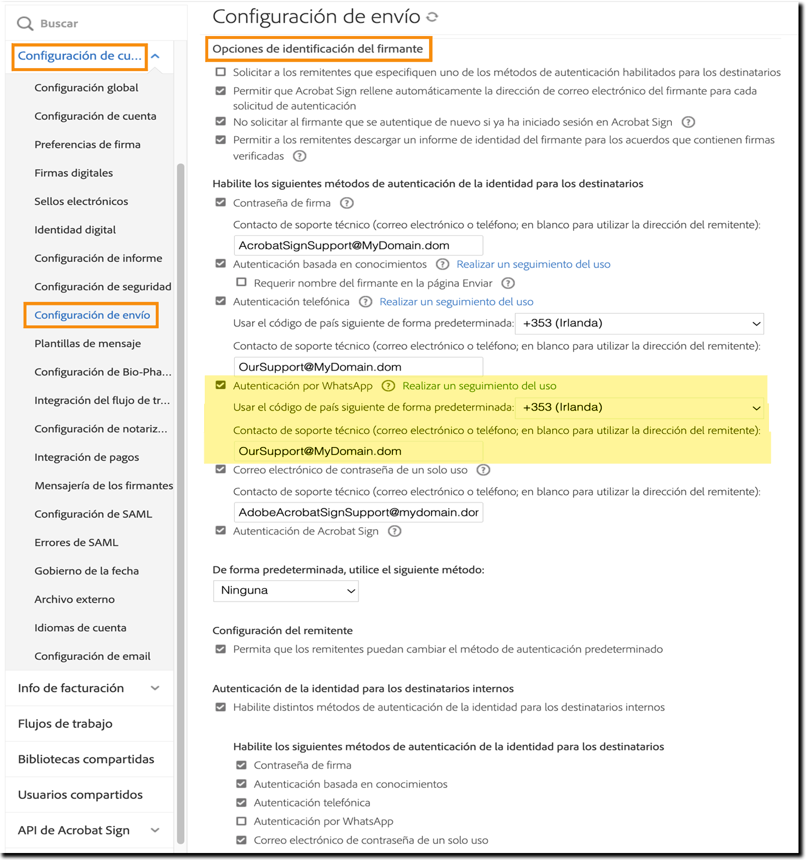 navigate_to_the_phoneauthenticationcontrols Página Configuración de envío con los controles de Autenticación por WhatsApp resaltados.