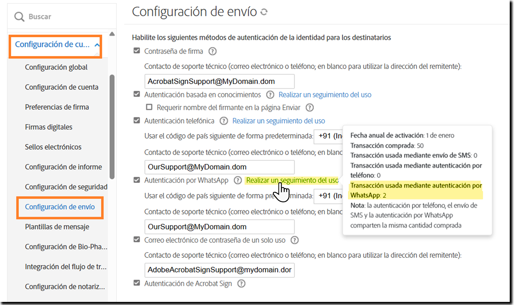 check_phone_authenticationusage Página Configuración de envío resaltando el vínculo Seguimiento del uso y mostrando la ventana emergente de información