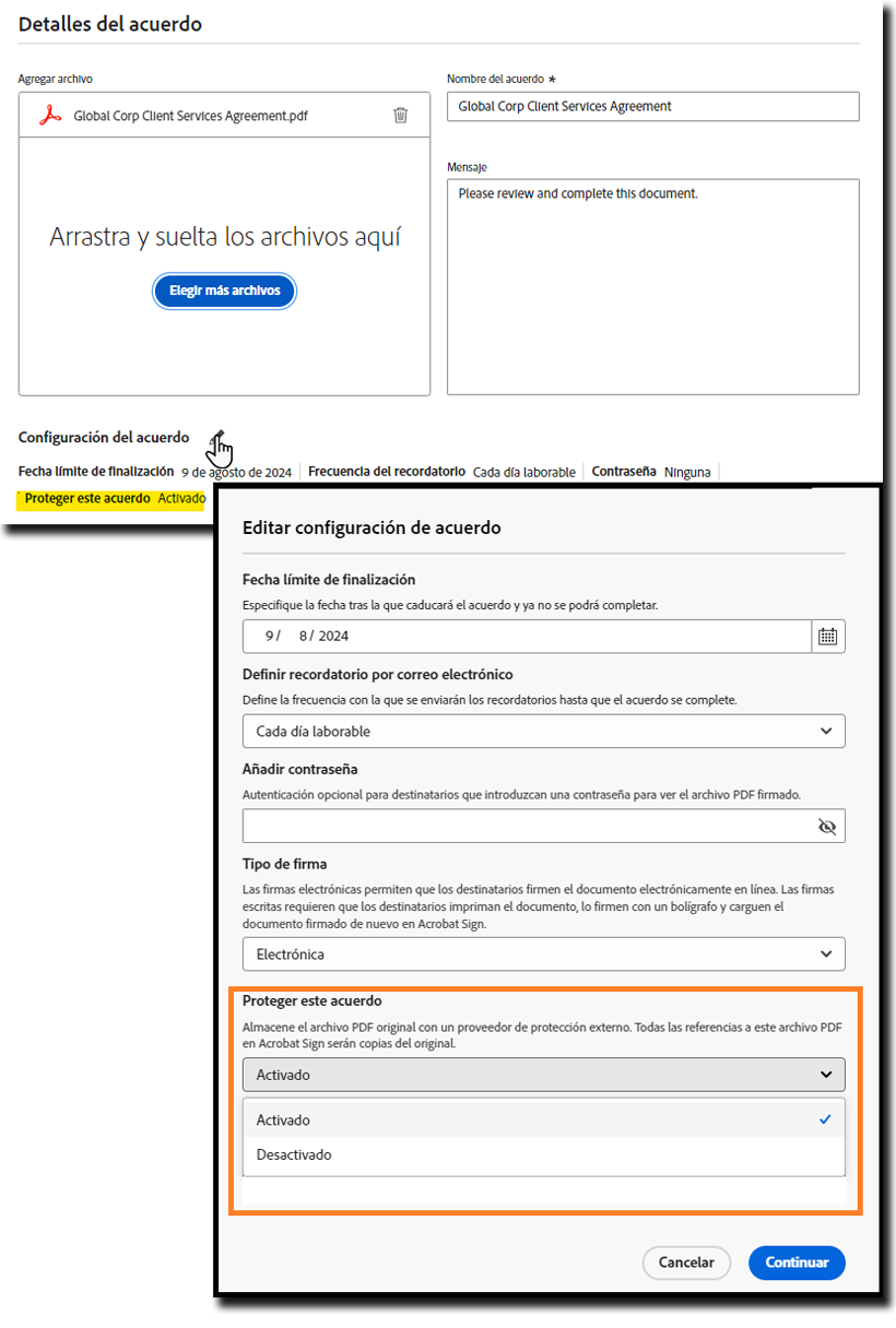 Página Solicitar firma resaltando la configuración “Proteger este acuerdo” en un estado habilitado.