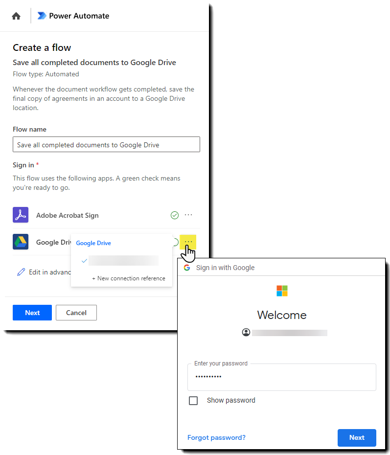 Power Automate entre Acrobat Sign y Google Drive con el panel de autenticación al descubierto