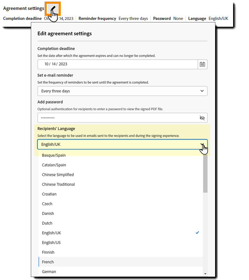 El panel de configuración del acuerdo con el selector de idioma resaltado