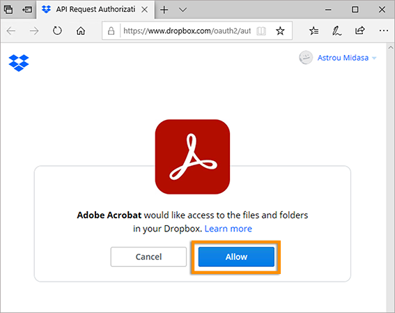 Dropbox-tilin lisäämisen vahvistus Acrobatissa tai Readerissa