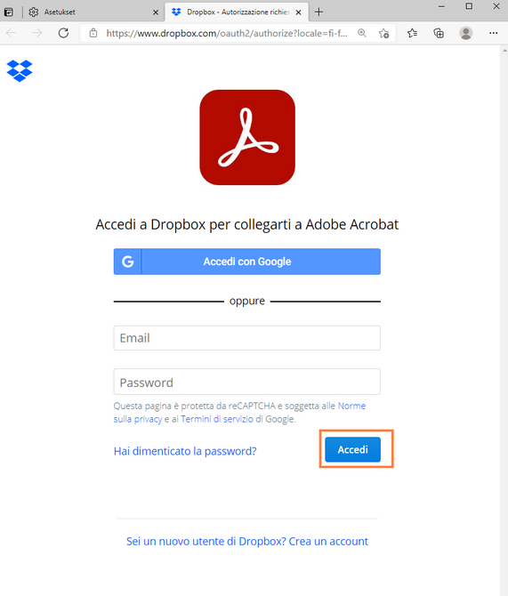 Dropboxiin kirjautuminen