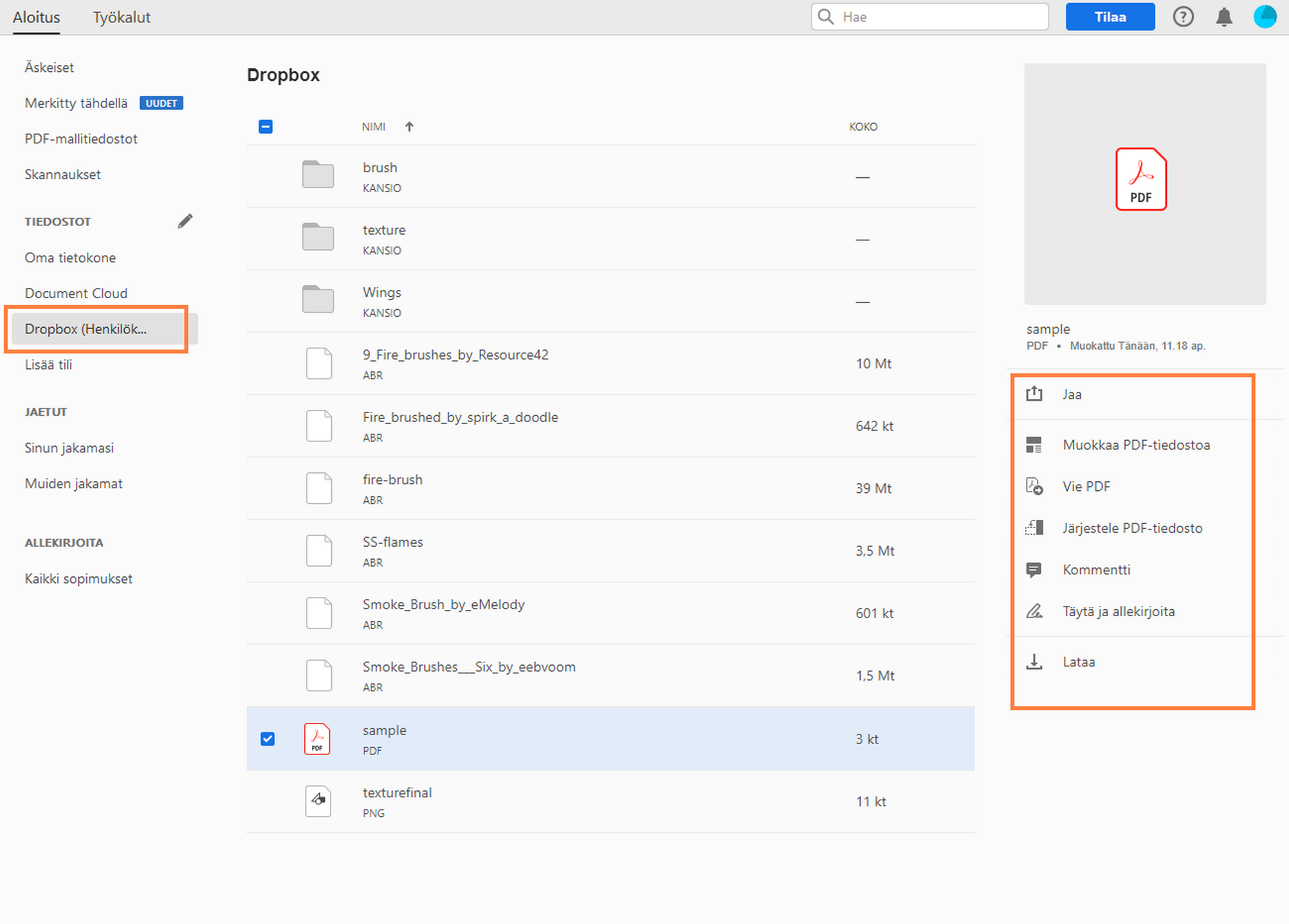 Dropbox-tiedostot aloitusnäkymässä