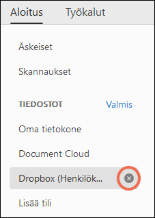 Risti- ja Valmis-asetukset tilin poistamiseksi