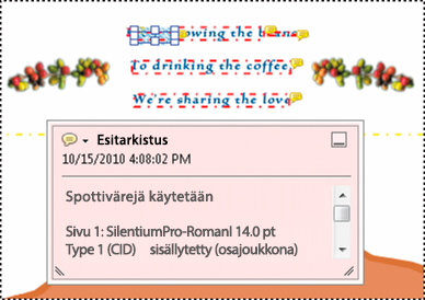 Esimerkki PDF-raportista, jossa on muistilappu