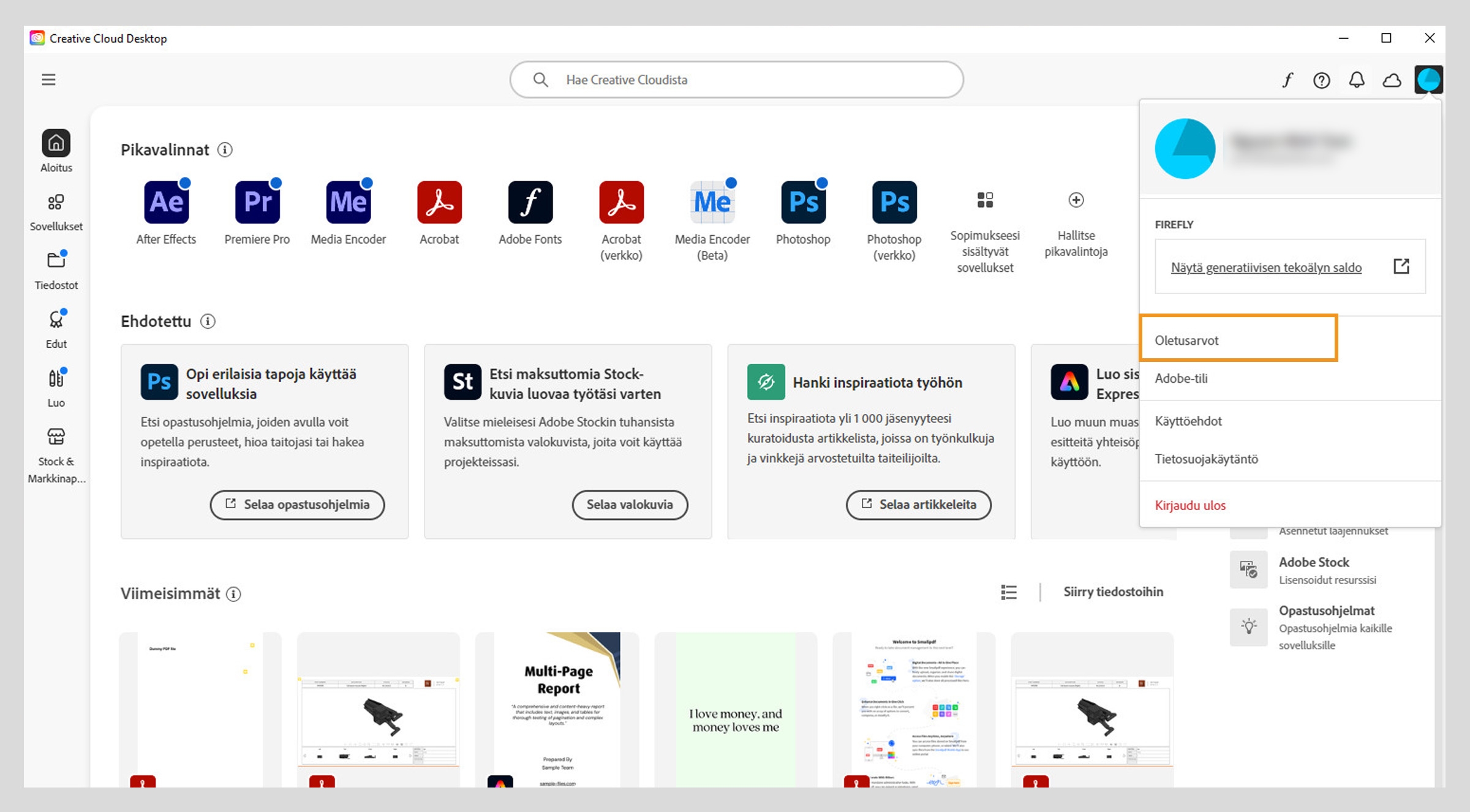 Tili-valikko, joka sisältää vaihtoehtoja, kuten Asetukset, Kirjaudu ulos ja generatiivisten tekoälyominaisuuksien kuukausittaiset generointikrediitit. 