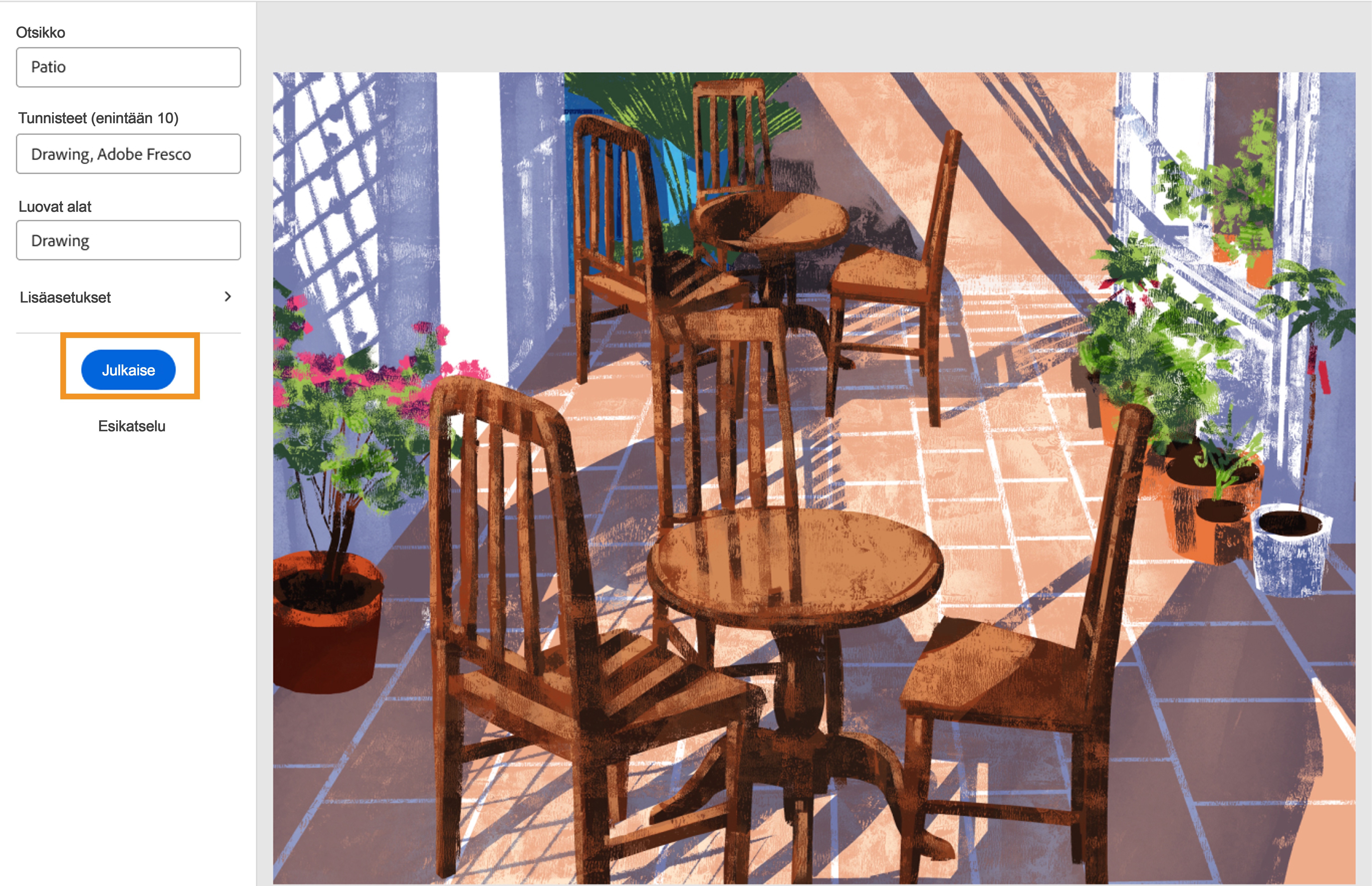 Behancen Projektieditori-näyttö – Napauta Julkaise