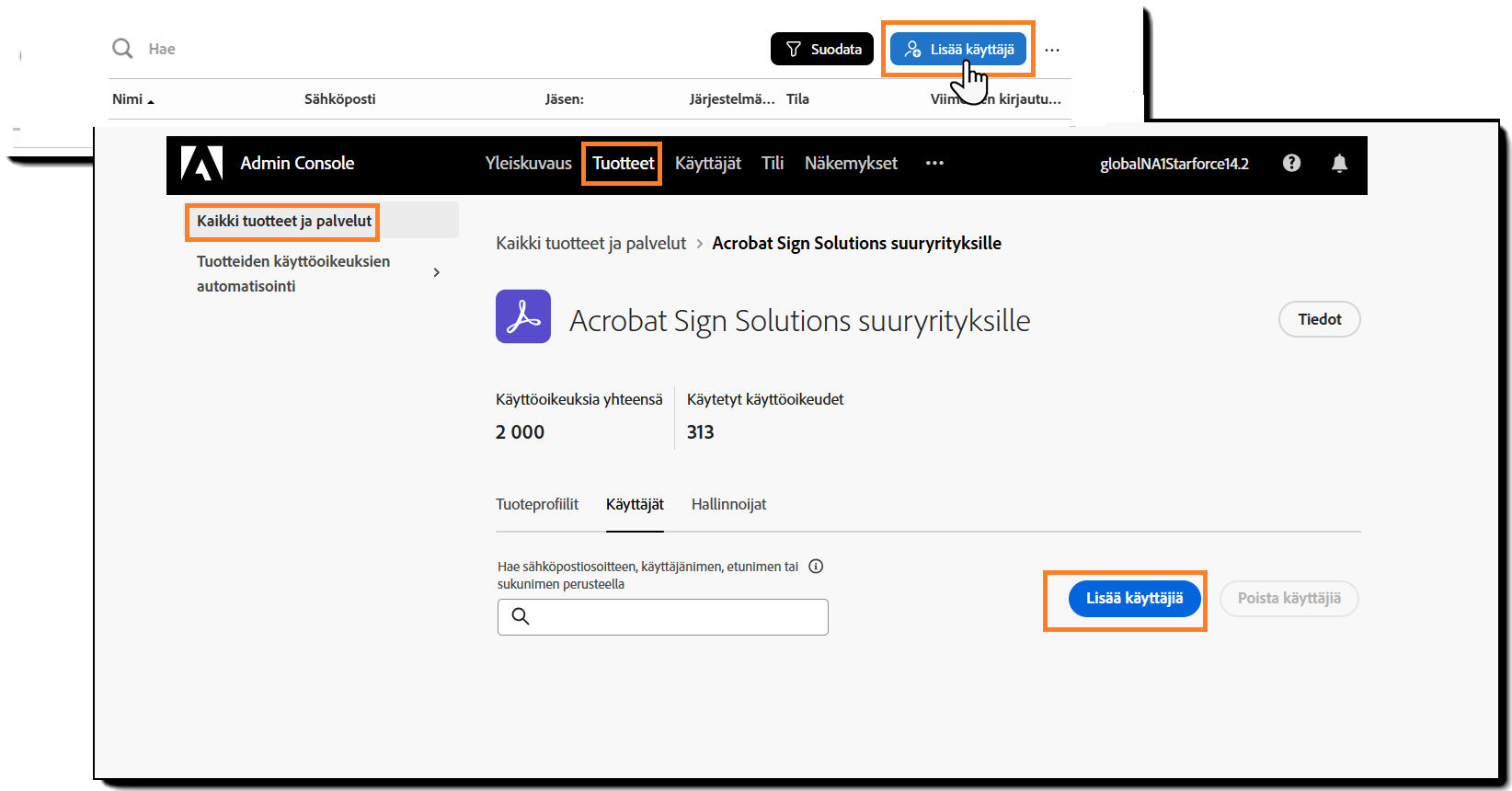Käyttäjät-sivu, jolla XXX on korostettuna