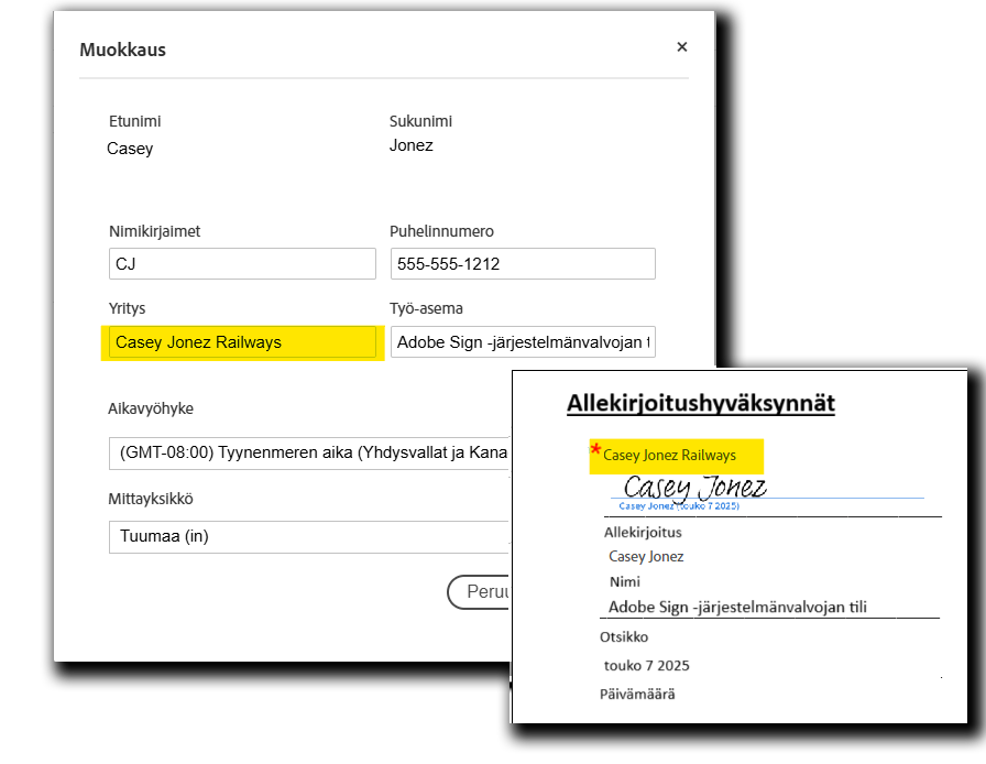 company_pair Käyttäjäprofiili, jossa Yritys-kenttä on korostettuna