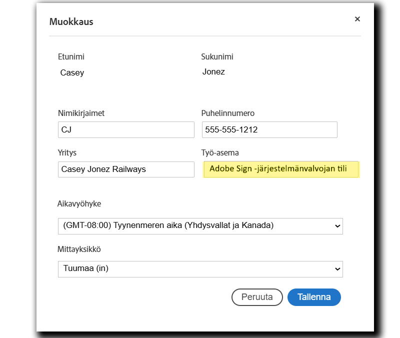 edit_-_phone_number Käyttäjäprofiili, jossa Puhelinnumero-kenttä on korostettuna