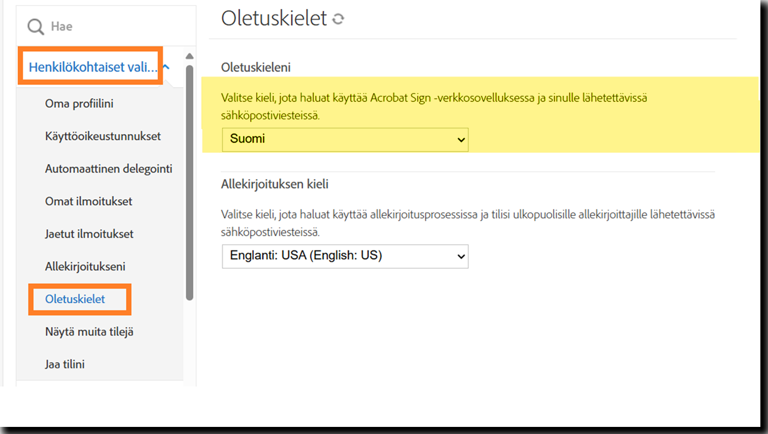 locale_settings Käyttäjän henkilökohtaiset asetukset -valikko, jossa Kieliasetukset-kenttä on korostettuna