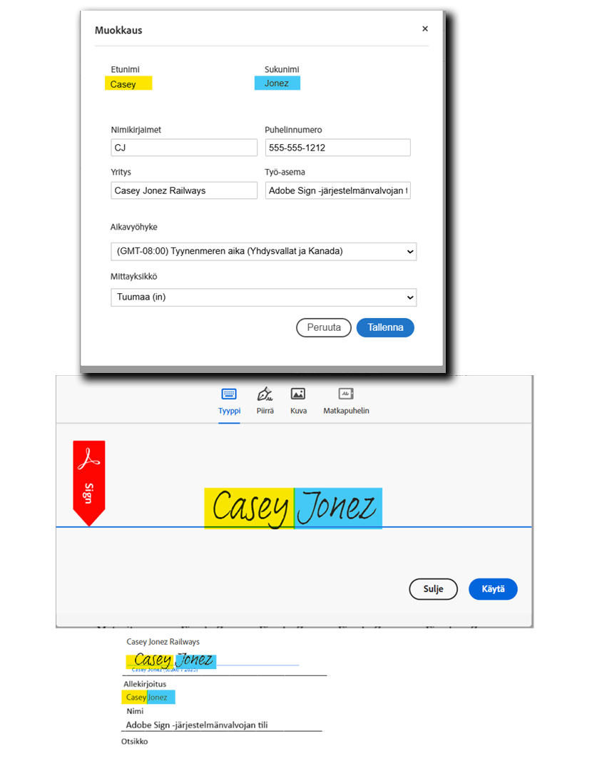 first_name_fields äyttäjäprofiilin etunimi- ja sukunimiarvot