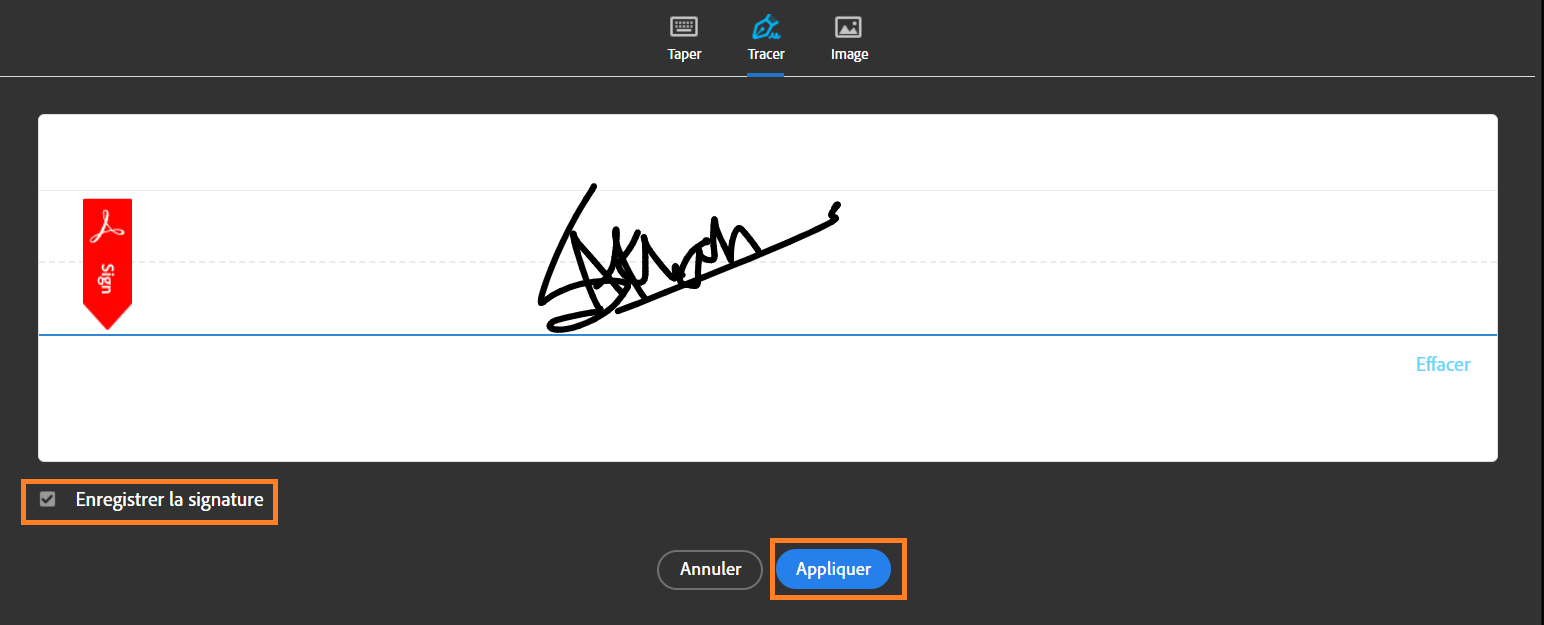 Fenêtre Ajouter une signature affichée dans Android