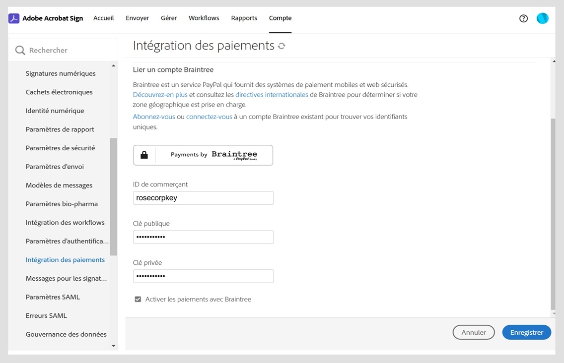 La page Intégration des paiements dans les paramètres du compte d’Acrobat Sign s’affiche. Vous devez saisir et enregistrer les informations relatives au commerçant pour permettre le recouvrement des paiements en ligne.