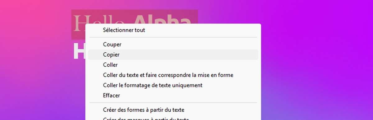 Le mot ALPHA est sélectionné sur un calque de texte et le menu contextuel est ouvert. Dans le menu contextuel, l’option Coller est sélectionnée.