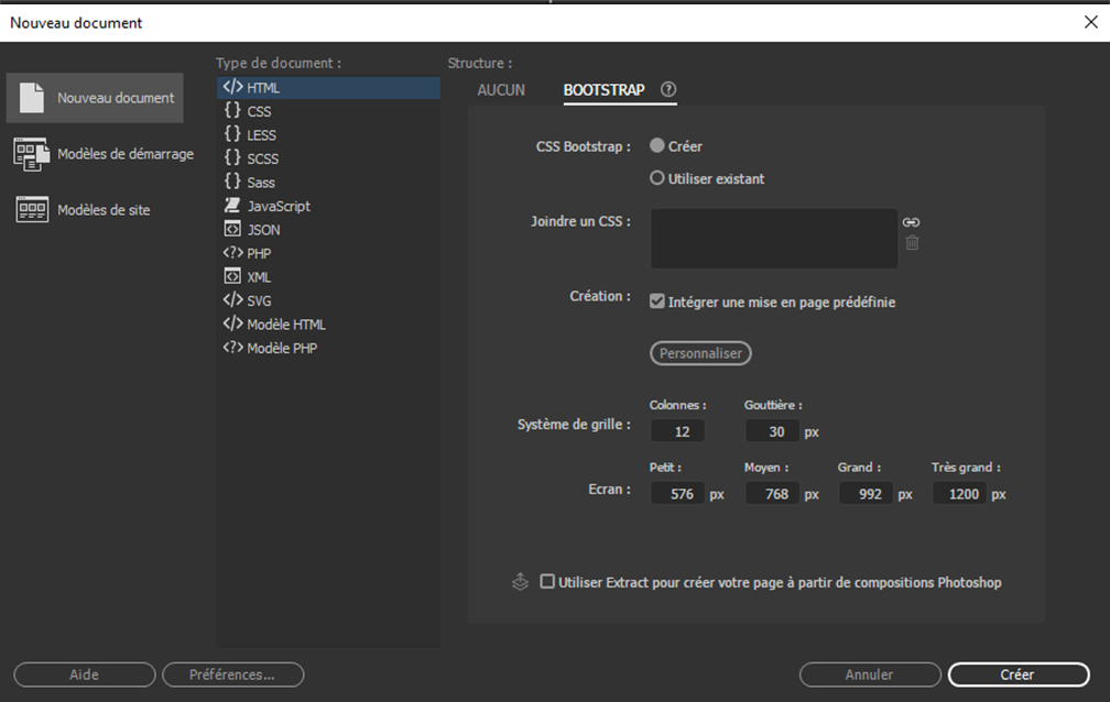 Création d’un nouveau document Bootstrap