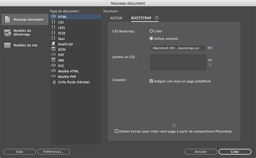 Création de documents Bootstrap à partir de fichiers de framework existants