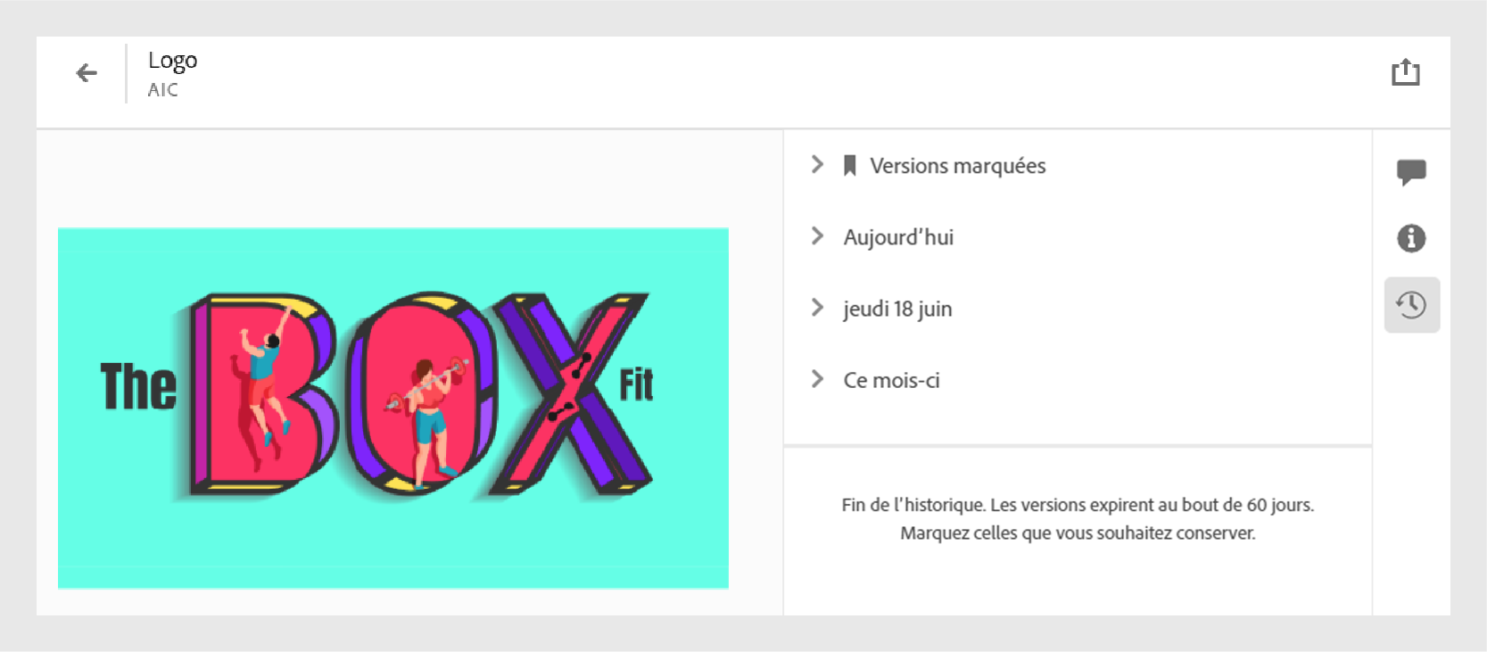 Historique des versions sur le site de Creative Cloud