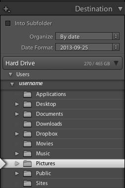 Panneau Destination d’importation de Lightroom Classic CC