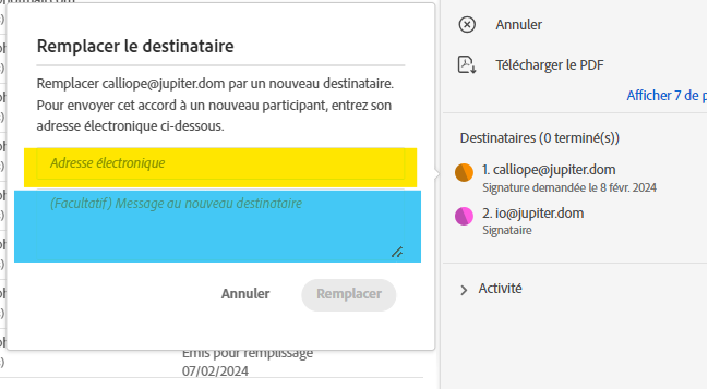 L’interface Remplacer le destinataire sur la page Gérer