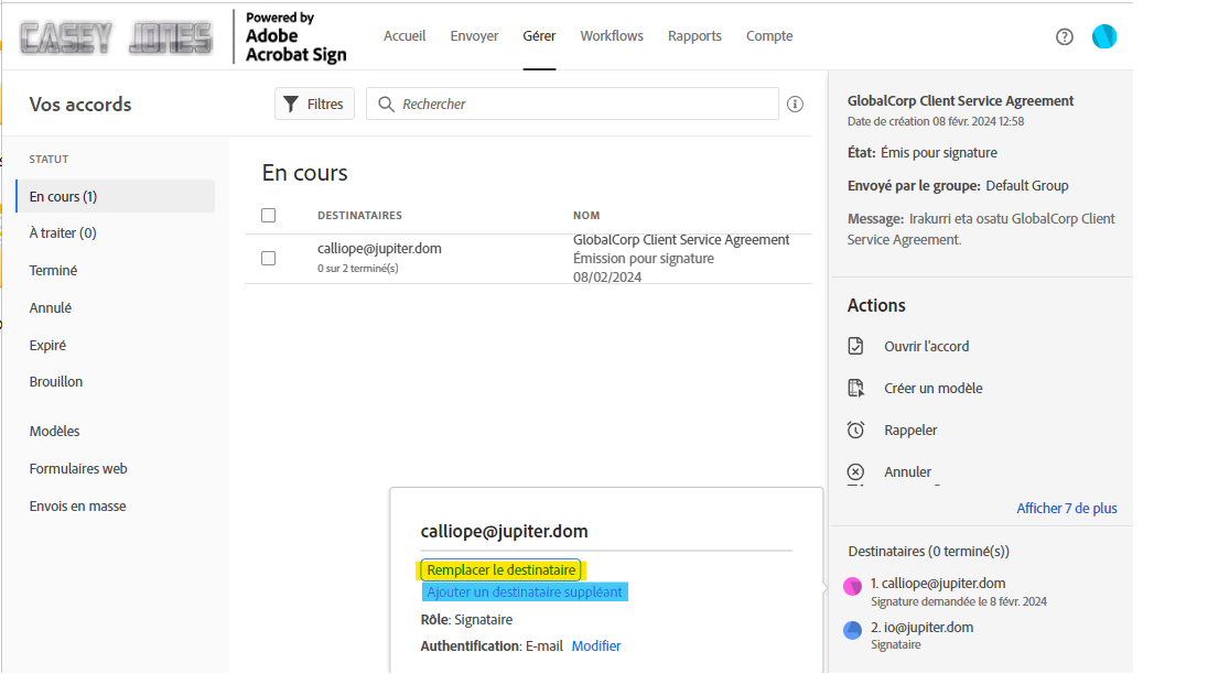 La page Gérer mettant en évidence l’interface utilisateur Remplacer le destinataire