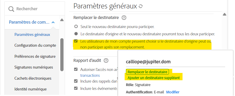 Le menu administrateur des Paramètres généraux met en évidence l’option permettant aux Expéditeurs de sélectionner leur action avec un encart des contrôles de la page Gérer pour l’expéditeur.