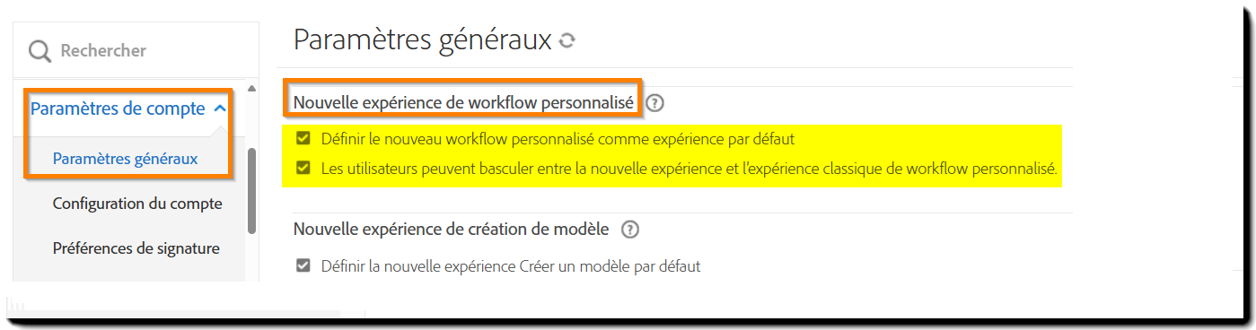 Commandes « Nouvelle expérience de workflow personnalisé » sur la page Paramètres généraux