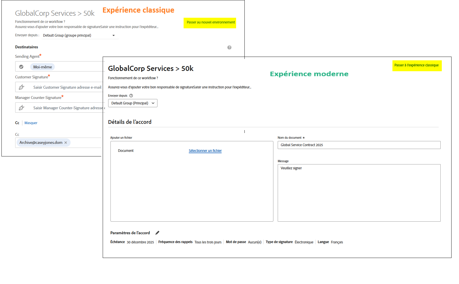 Interface utilisateur classique avec l’interface utilisateur moderne décalée au-dessus et les liens de bascule en surbrillance