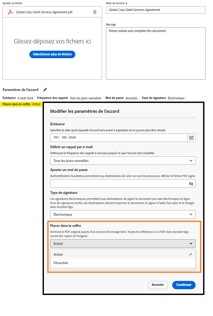La page Demande de signature met en évidence le paramètre « Placer dans le coffre » à l’état activé.