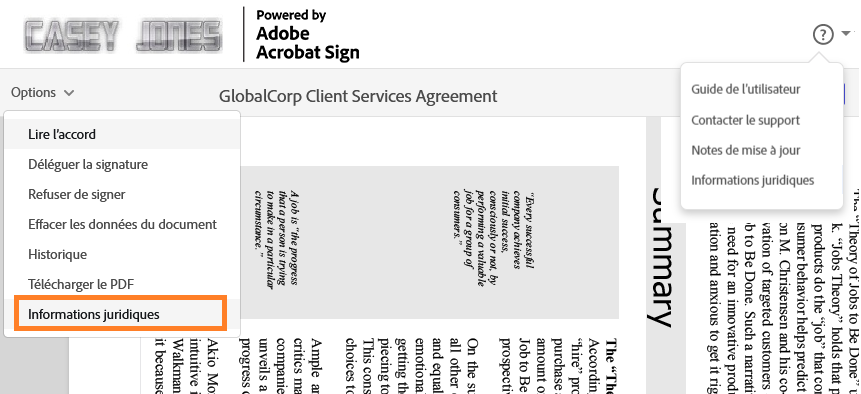 Page de signature électronique affichant le menu Options et le menu représentant un point d’interrogation avec l’option Informations juridiques mise en évidence.