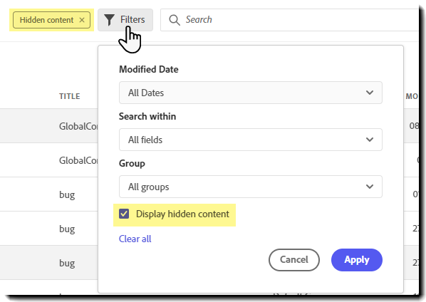 Filtre de recherche avec l’option « Afficher le contenu masqué » mise en évidence
