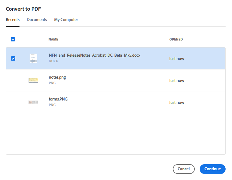 Selezionare un file dall’elenco Recenti o Documenti