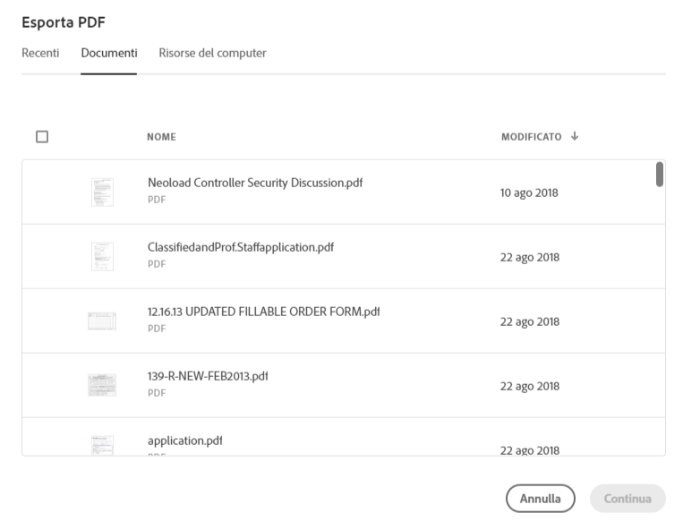 Selezionare un file dall’elenco Recenti o Documenti