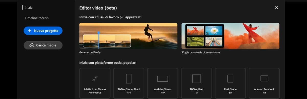 Nella pagina Editor video, nella sezione Inizia qualcosa di nuovo, ci sono varie opzioni per caricare file multimediali, selezionare alcune delle dimensioni più popolari per iniziare e creare un nuovo progetto vuoto. 