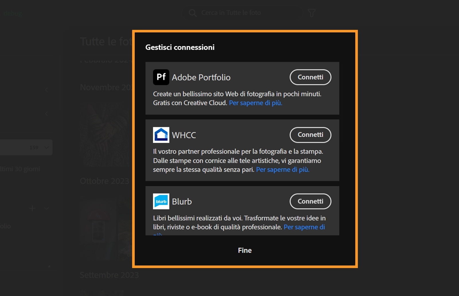 Gestisci connessioni mostra che Adobe Portfolio è connesso a Lightroom. Altre app, come WHCC e Blurb, forniscono un’opzione per la connessione delle app.