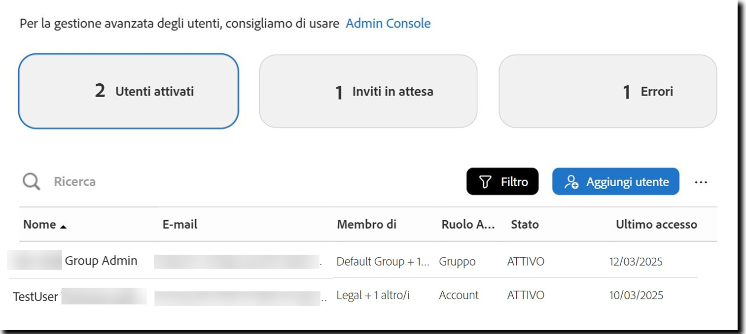 Pagina Utenti che mostra la vista Utenti attivi