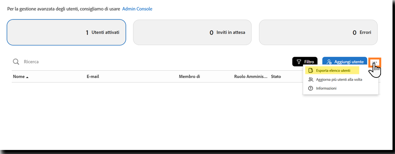 La pagina Utenti con l’opzione “Esporta elenco utenti” evidenziata