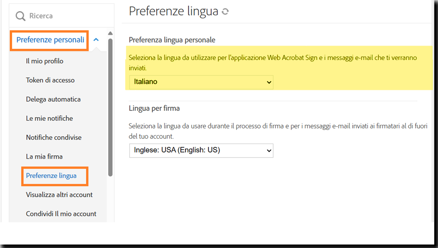 locale_settings Menu Preferenze personali dell’utente in cui è evidenziato il campo Preferenze lingua