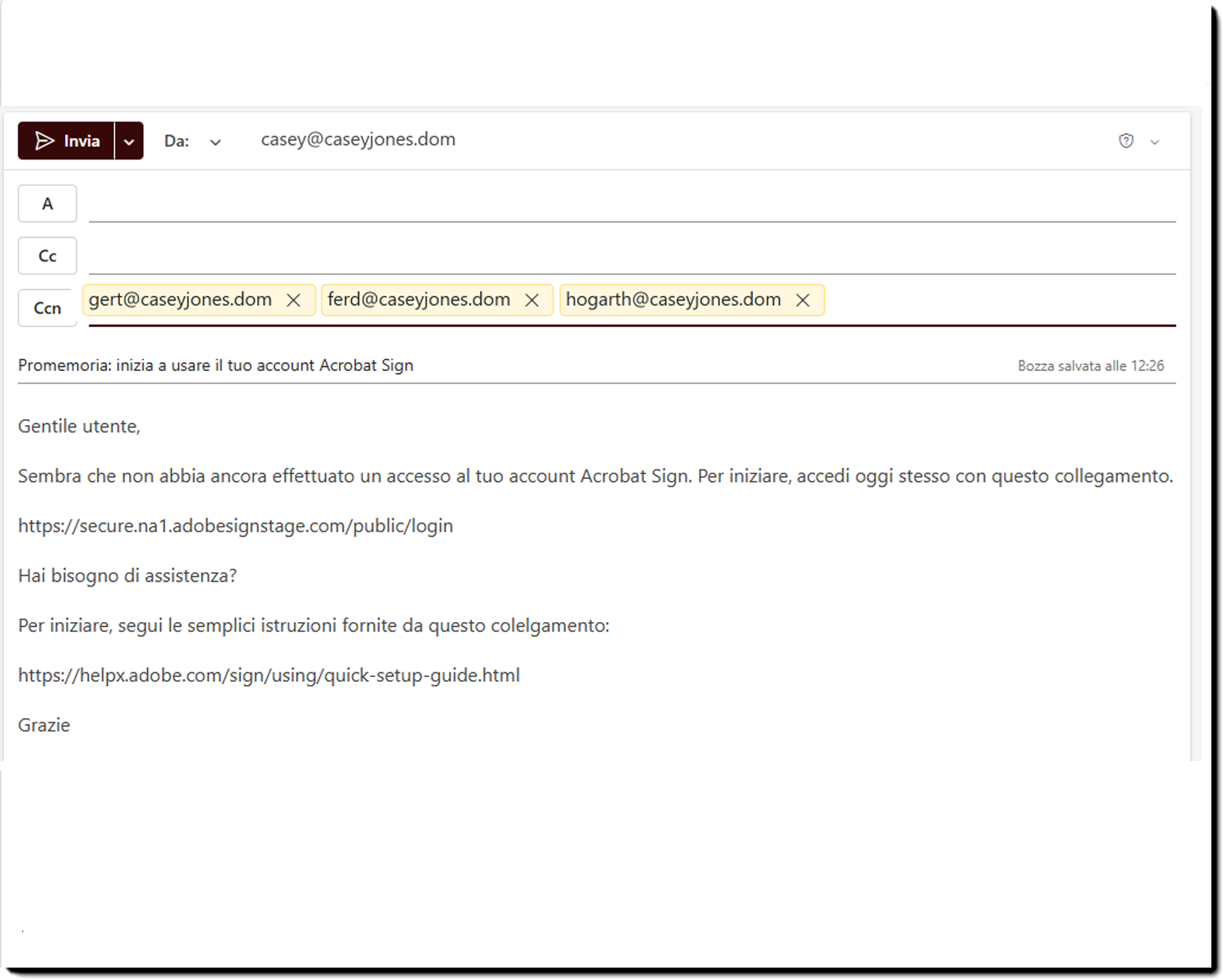 Esempio di modello e-mail Inviti in sospeso con tre e-mail utente nel campo Ccn
