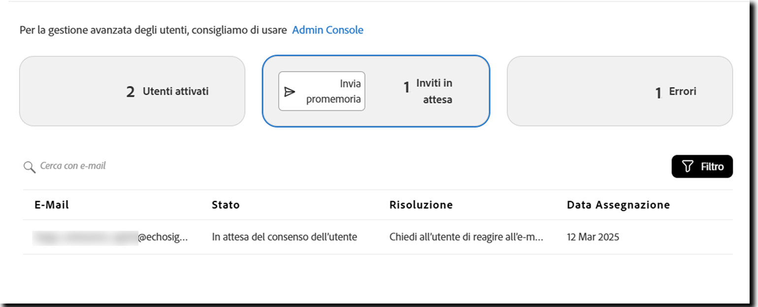 Pagina Utenti che mostra la vista Inviti in sospeso