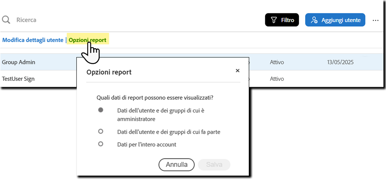 Le azioni utente espanse con Opzioni report evidenziate.