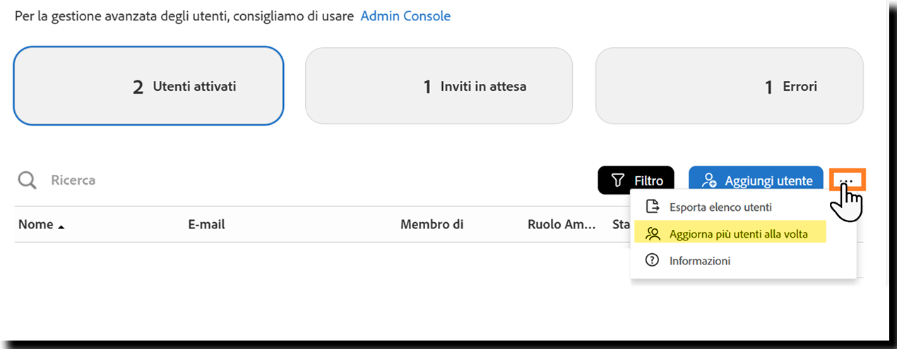 La pagina Utenti con l’opzione “Aggiorna utenti in blocco” evidenziata
